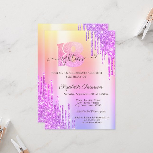 Violet Glitter Drips Ombre 18th Birthday Invitation (Front/Back In Situ)