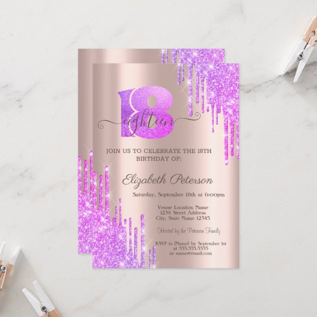 Violet Glitter Drips Rose Gold 18th Birthday   Invitation (Front/Back In Situ)