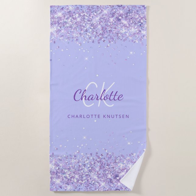 Violet glitter name monogram initial beach towel (Front)