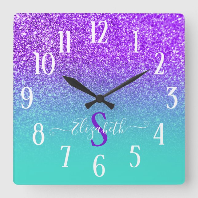 Violet Glitter Turquoise Ombre Monogram Square Wall Clock (Front)