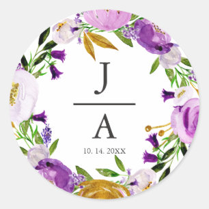 Violet & Gold Floral Wreath Monogram Wedding Classic Round Sticker
