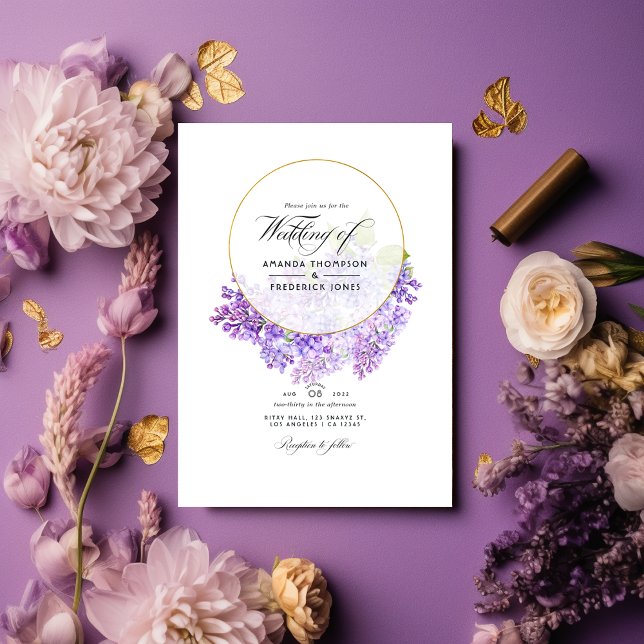 Violet & Gold Geometric Herbarium QR Code Wedding Invitation (Creator Uploaded)
