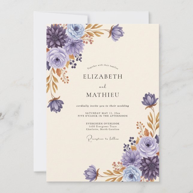 Violet Gold Peony Wedding Invitation (Front)