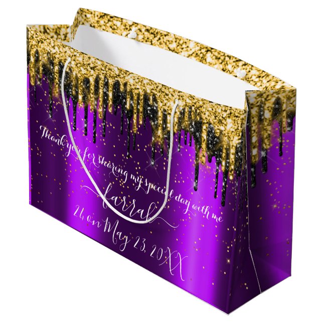 Violet Gold  Purple  Black Drips Favour Large Gift Bag (Back Angled)