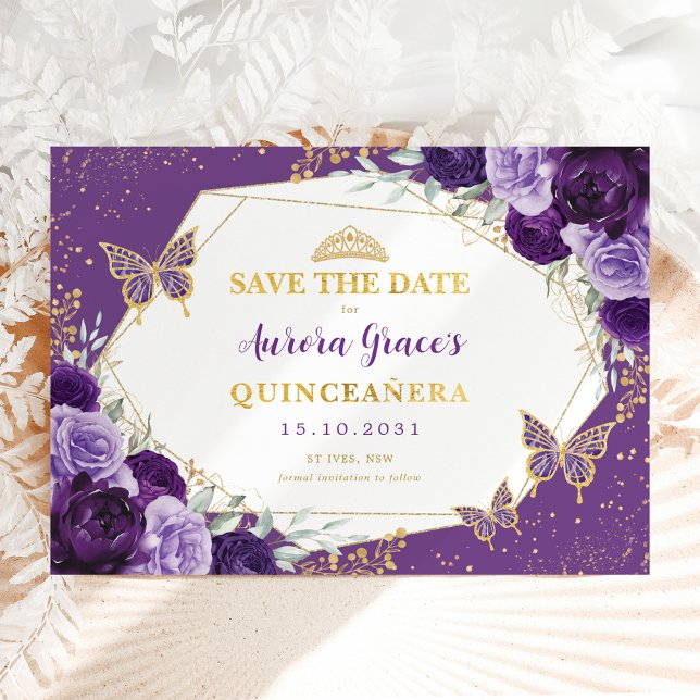 Violet Gold Quinceanera Floral Save the Date Announcement (Creator Uploaded)