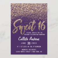 Violet Gold Scattered Glitter Ombre Sweet 16