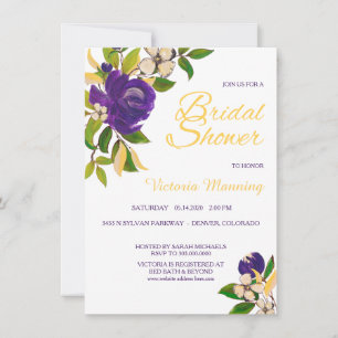 Violet Gold Watercolor Bouquet Bridal Shower Invitation