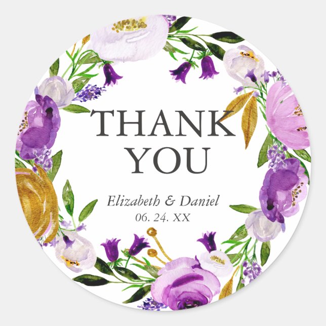 Violet & Gold Wedding Thank You Round Sticker (Front)