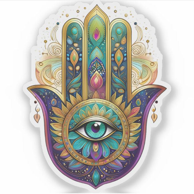 Violet Green Gold Petals Hamsa Turquoise Third Eye (Front)