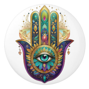 Violet Green Gold Petals Hamsa Turquoise Third Eye Ceramic Knob