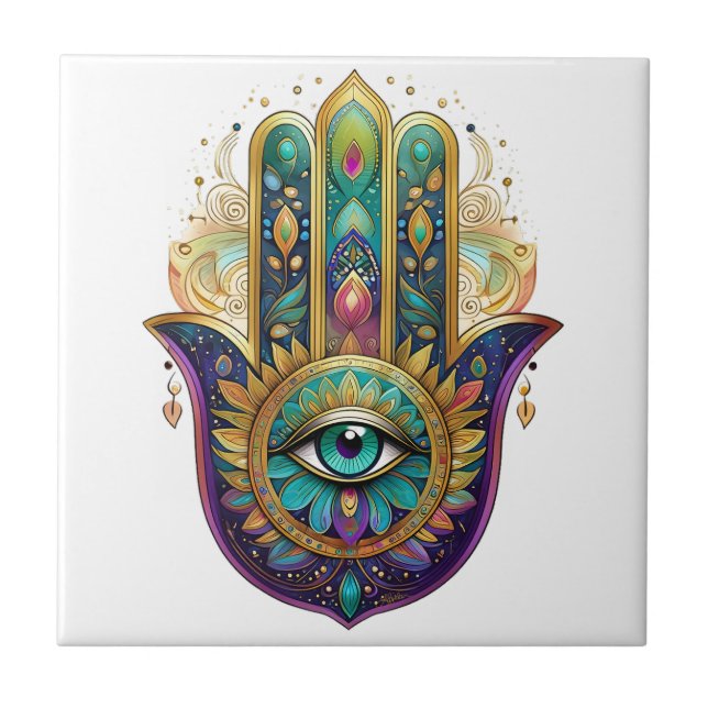 Violet Green Gold Petals Hamsa Turquoise Third Eye Ceramic Tile (Front)