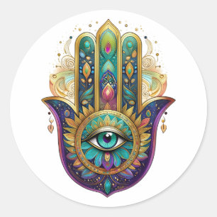 Violet Green Gold Petals Hamsa Turquoise Third Eye Classic Round Sticker