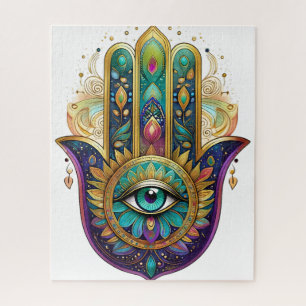 Violet Green Gold Petals Hamsa Turquoise Third Eye Jigsaw Puzzle
