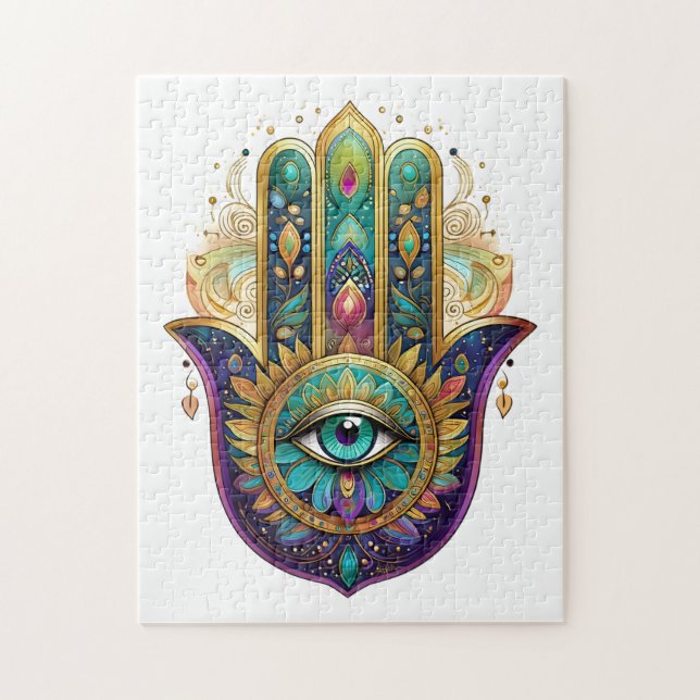 Violet Green Gold Petals Hamsa Turquoise Third Eye Jigsaw Puzzle (Vertical)