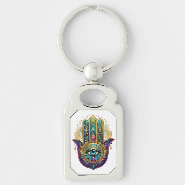 Violet Green Gold Petals Hamsa Turquoise Third Eye Key Ring (Front)