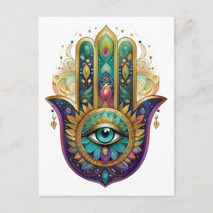 Violet Green Gold Petals Hamsa Turquoise Third Eye Postcard
