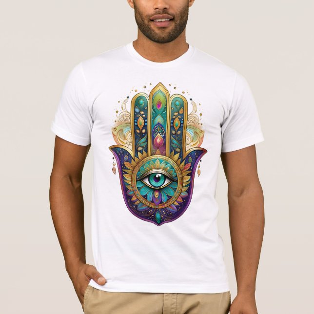 Violet Green Gold Petals Hamsa Turquoise Third Eye T-Shirt (Front)
