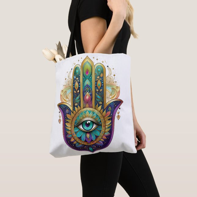 Violet Green Gold Petals Hamsa Turquoise Third Eye Tote Bag (Close Up)