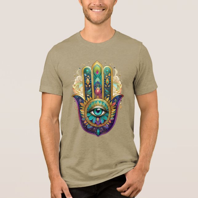 Violet Green Gold Petals Hamsa Turquoise Third Eye Tri-Blend Shirt (Front)