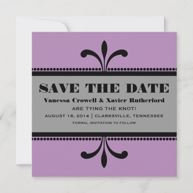 Violet/Grey Fancy Art Deco Save the Date Invite (Front)