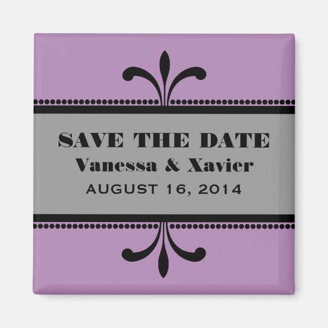 Violet/Grey Fancy Art Deco Save the Date Magnet (Front)