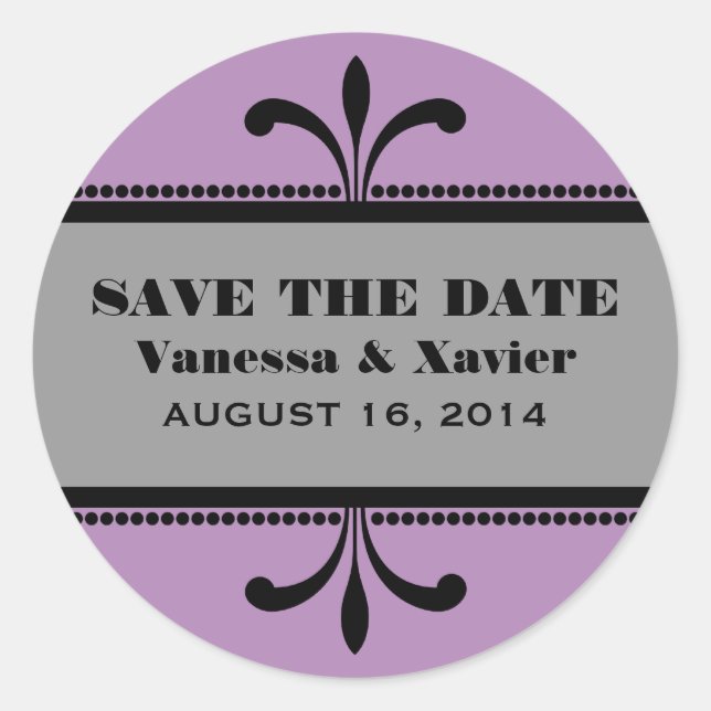 Violet/Grey Fancy Art Deco Save the Date Stickers (Front)