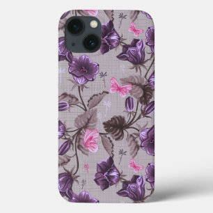 violet hand bells and pink butterflies pattern iPhone 13 case