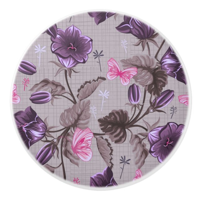violet hand bells and pink butterflies pattern ceramic knob (Front)
