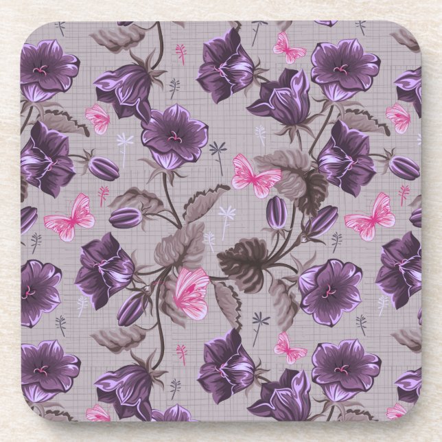 violet hand bells and pink butterflies pattern coaster (Front)