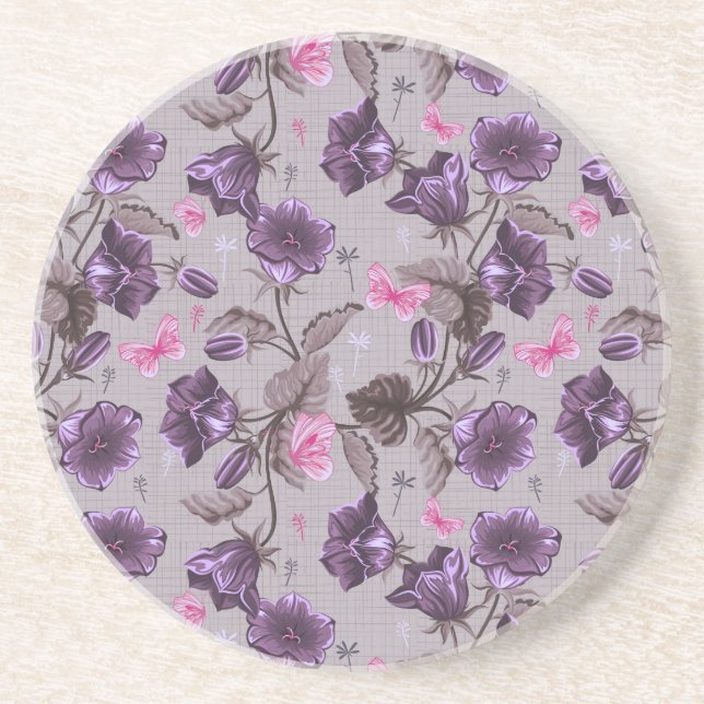 violet hand bells and pink butterflies pattern coaster (Front)