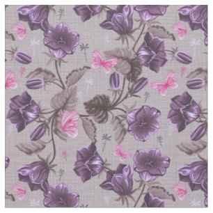 violet hand bells and pink butterflies pattern fabric