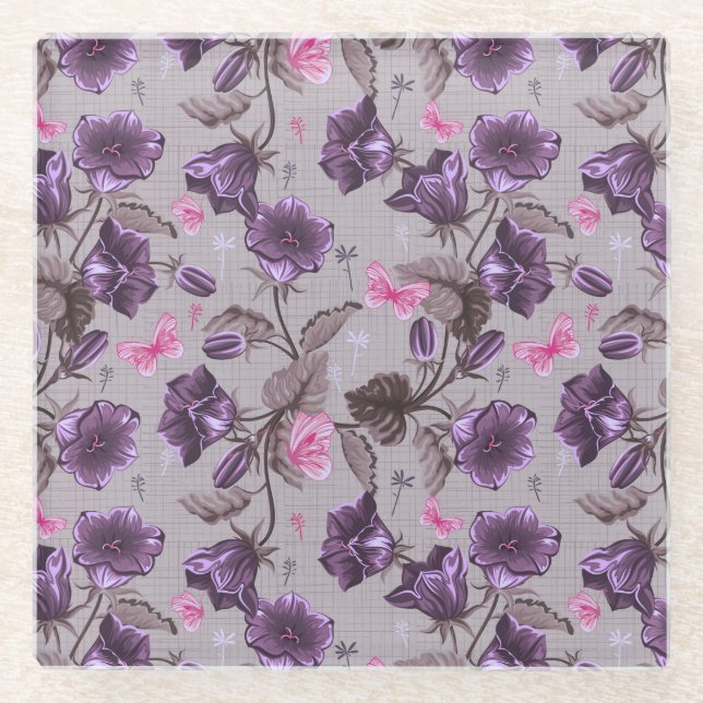 violet hand bells and pink butterflies pattern glass coaster (Front)