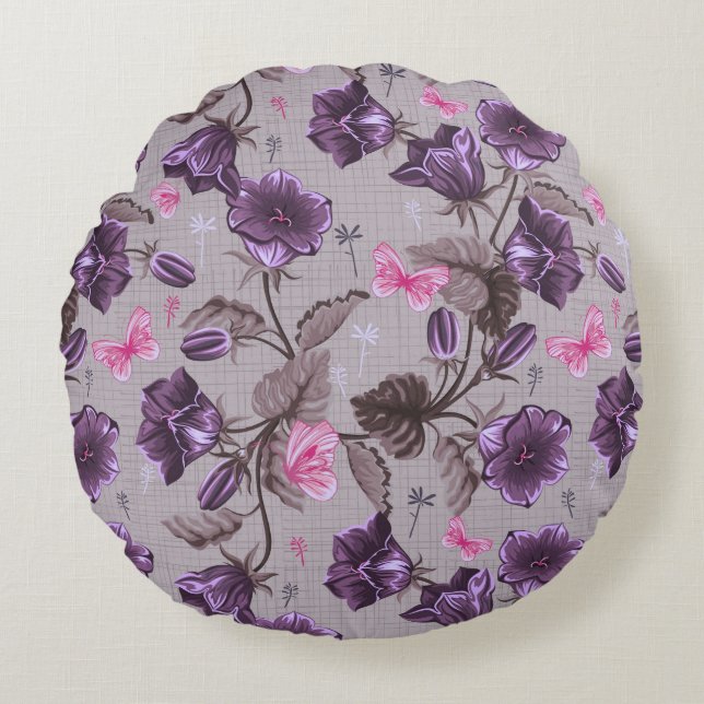 violet hand bells and pink butterflies pattern round cushion (Front)