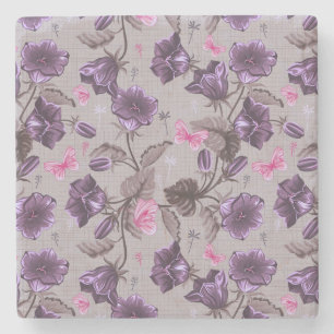 violet hand bells and pink butterflies pattern stone coaster