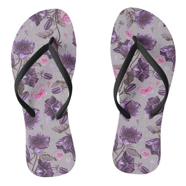 violet hand bells and pink butterflies pattern thongs (Footbed)