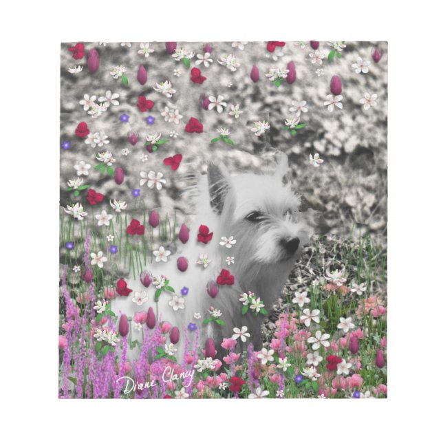 Violet in Flowers – White Westie Dog Notepad (Front)