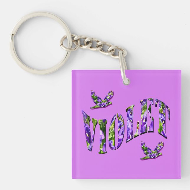 Violet, Ladies Name Made With Purple Pansies, Key Ring (Front)