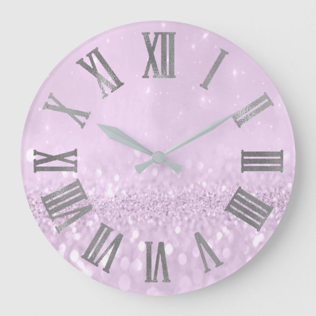 Violet Lavande Glitter Grey Metallic Roman Numers Large Clock (Front)