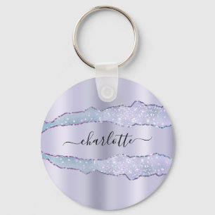Violet lavender agate marble glitter name key ring