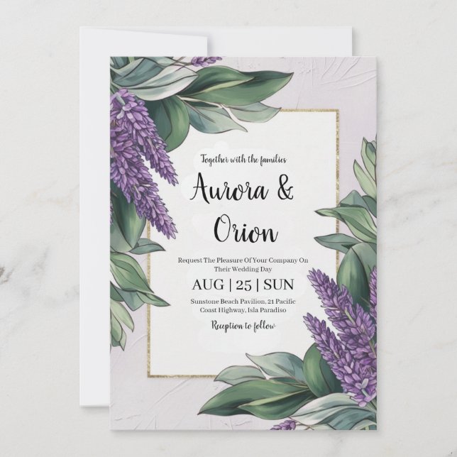 violet lavender and eucalyptus wedding invitations (Front)