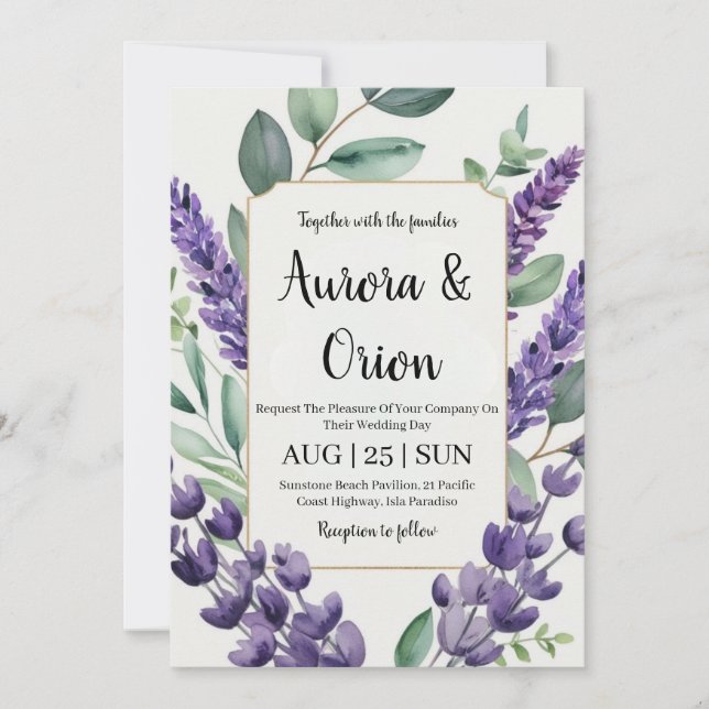 violet lavender and eucalyptus wedding invitations (Front)