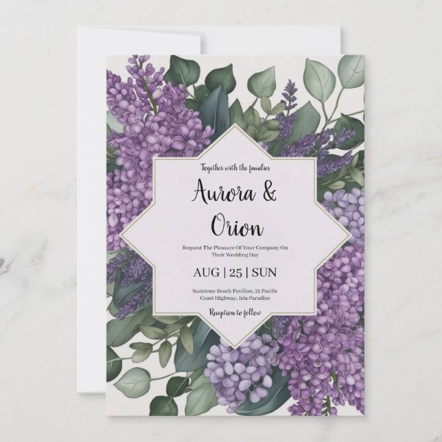 violet lavender and eucalyptus wedding invitations (Front)