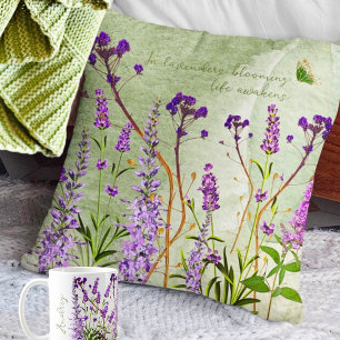 Violet Lavender Blooms. Good Vibes. Rustic Floral Cushion