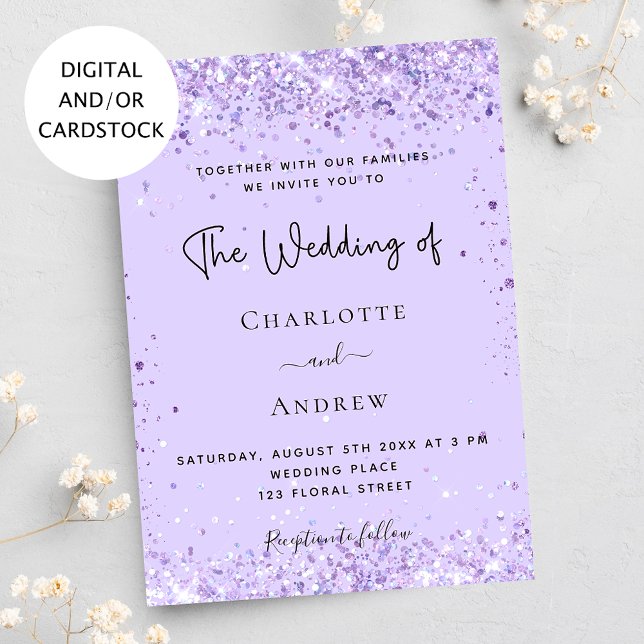 Violet lavender confetti script wedding invitation (Creator Uploaded)