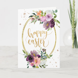 Violet Lavender Floral Gold Frame Happy Easter Holiday Card