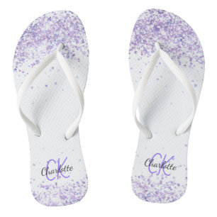 Violet lavender glitter white name monogram thongs