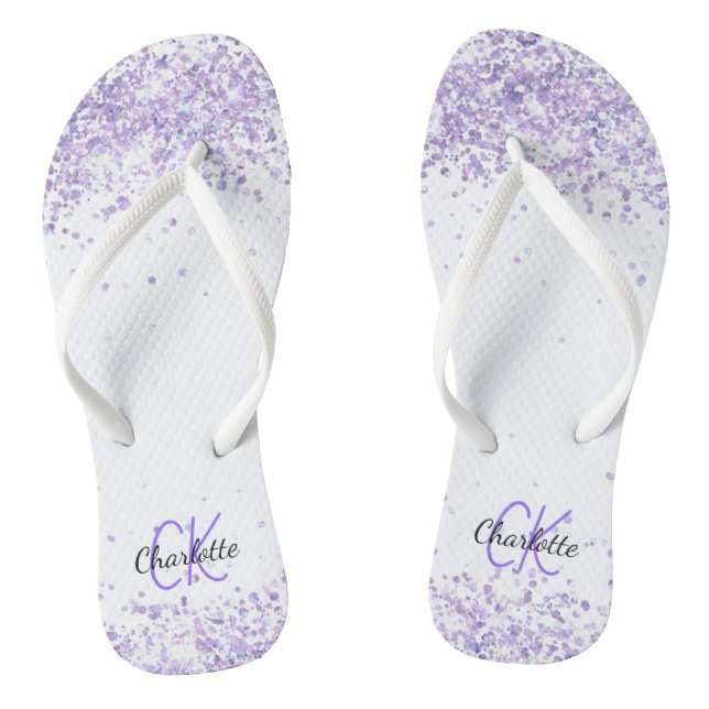 Violet lavender glitter white name monogram thongs (Footbed)