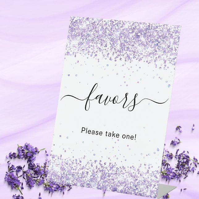 Violet lavender glitter white party favour pedestal sign (Creator Uploaded)