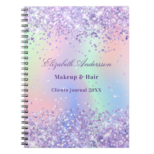 Violet lavender holographic name business notebook (Front)