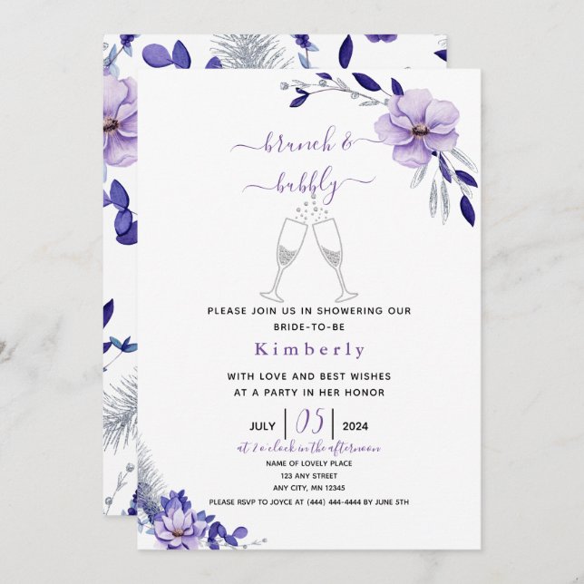 Violet Lavender & Silver Floral Bridal Brunch Invitation (Front/Back)